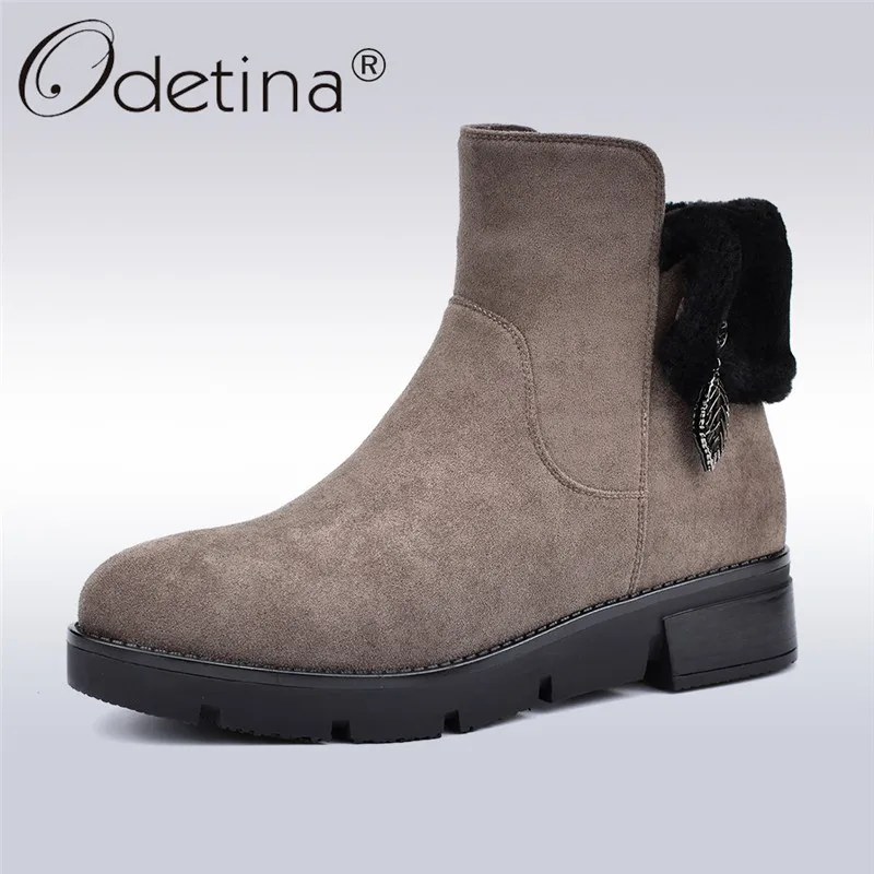 

Odetina Winter Flock Leather New Fashion Turn Over Edge Boots Women Thick Plush Warm Snow Boots Paltform Flat Women Ankle Boots
