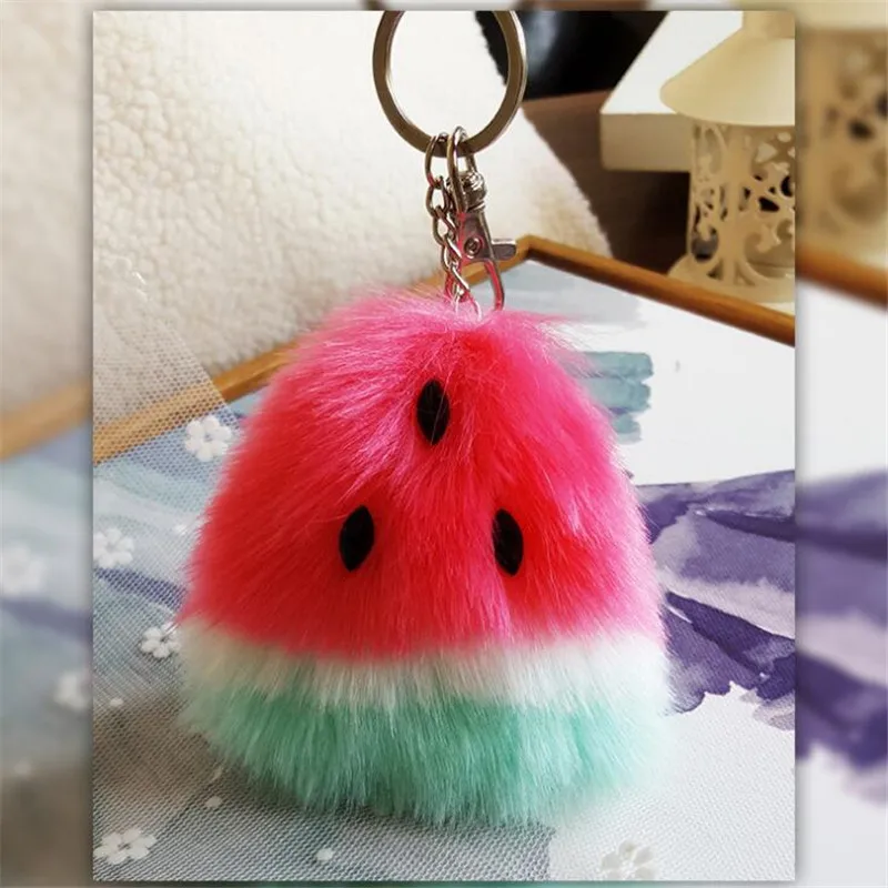 

Cute Watermelon Shape Fur KeyChains For Girls Fashion Pom Pom Key Chain Bunny Keyring Car Chic Fruit Design Bag Charm Hot