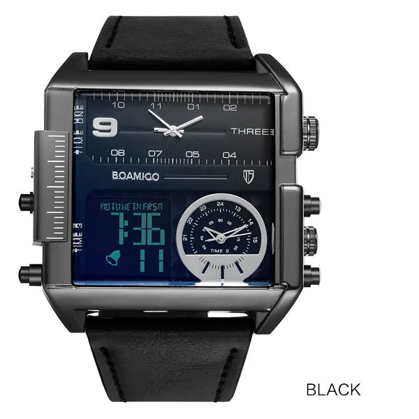 BOAMIGO мужские спортивные часы для мужчин с тремя часовыми поясами военные кварцевые цифровые часы брендовые квадратные кожаные электронные наручные часы - Цвет: black
