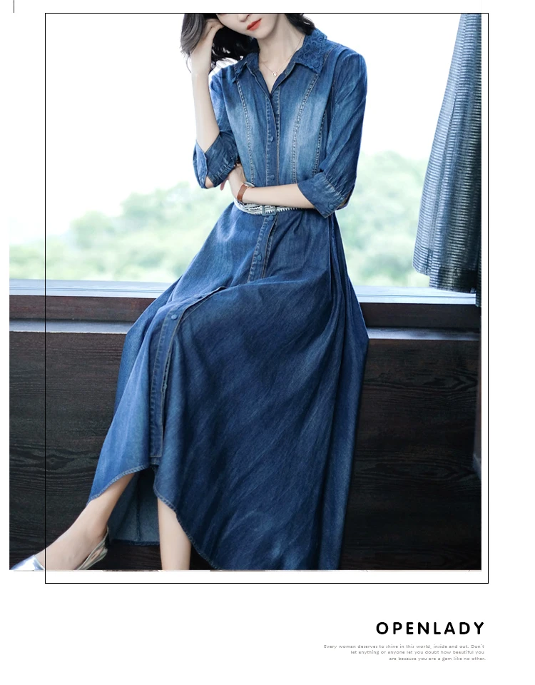 Dress Women Boho Long Denim Vestidos Half Sleeve A-line Blue Elegant Vintage Denim Jeans Dresses