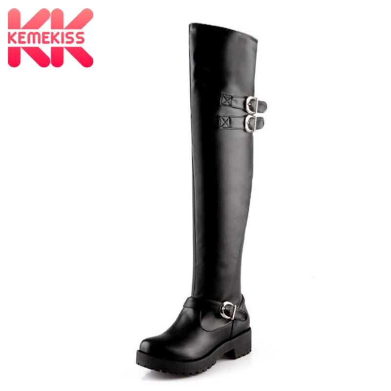 

KemeKiss Women Thigh High Boots Winter Plush Fur Women Shoes Square Heels Platform Boots Fashion Buckle Footwear Size 34-43