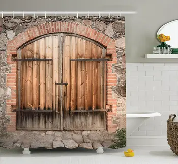 

Rustic Shower Curtain Wooden Door of a Stone House with Wrought Iron Elements Tuscany Architecture Photo Decor Set