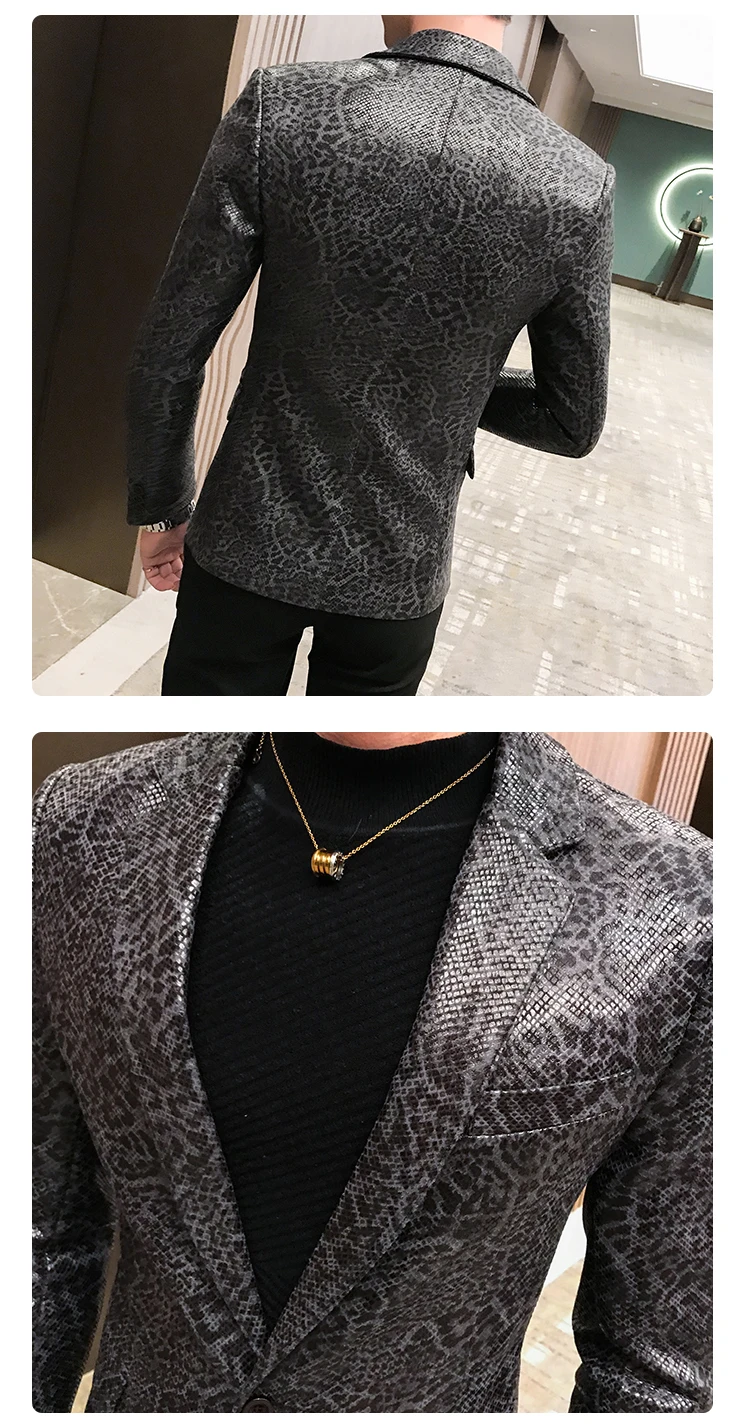 Autumn Leopard Print Mens Blazer Skin Suit Jacket Leather Stage Costumes For Singers Loose Coat Blaser Homens Terno Masculino