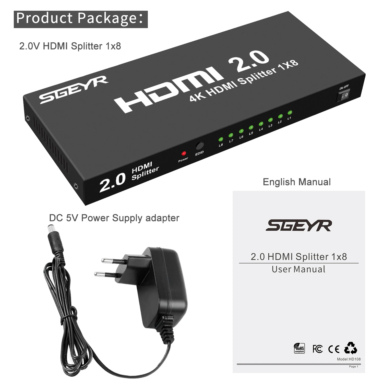 4K HDMI сплиттер 1x8 2,0 HDCP 2,2 18 Гбит/с HDMI сплиттер конвертер 1 вход 8 выход(4:4:4) Ultra HD Full 3D HDR с переключателями EDID