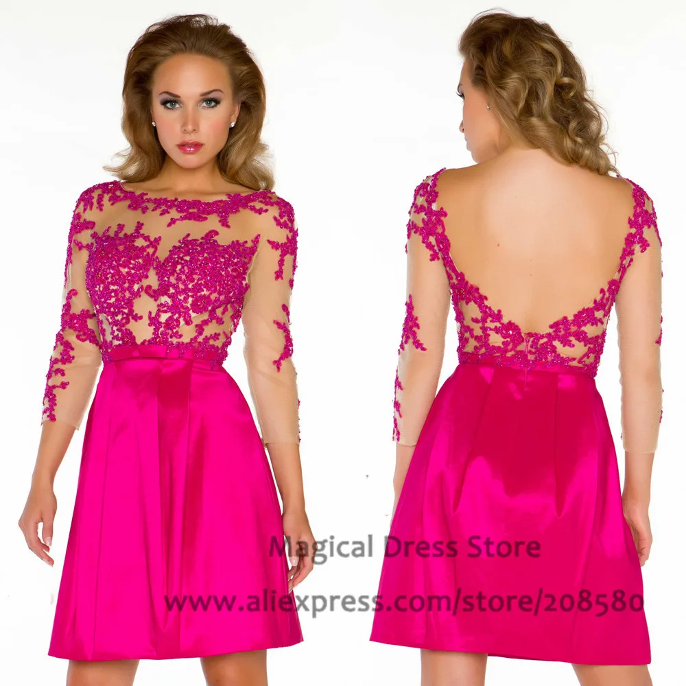 Wedding Fuschia Dress online buy wholesale short fuschia dress from china abiballkleid prom dresses 34 sleeves backless lace vestidos curtos beads appliques bow