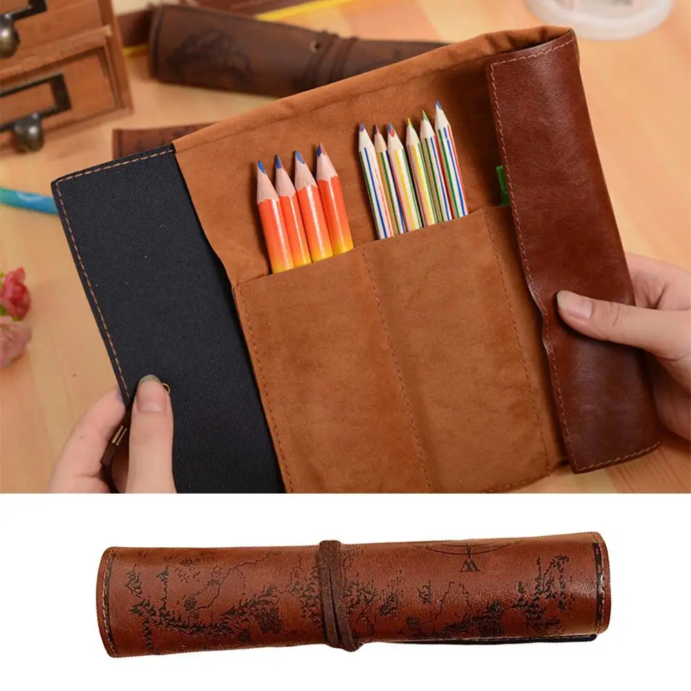 New Hot Vintage Treasure Map Roll Faux Leather Pen Pencil Stationery Storage Supplies