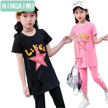 

Girls suits summer wear new girl fashion sports suits girl baby cotton clothes long short sleeve T-shirt + 7 minutes pants sets
