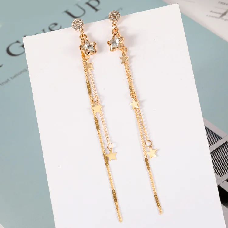 

Free Shipping New Fashion Face Thin Earrings Temperament Personality Long Tassel Five-star Wild Tide Women's Earrings Wholesale