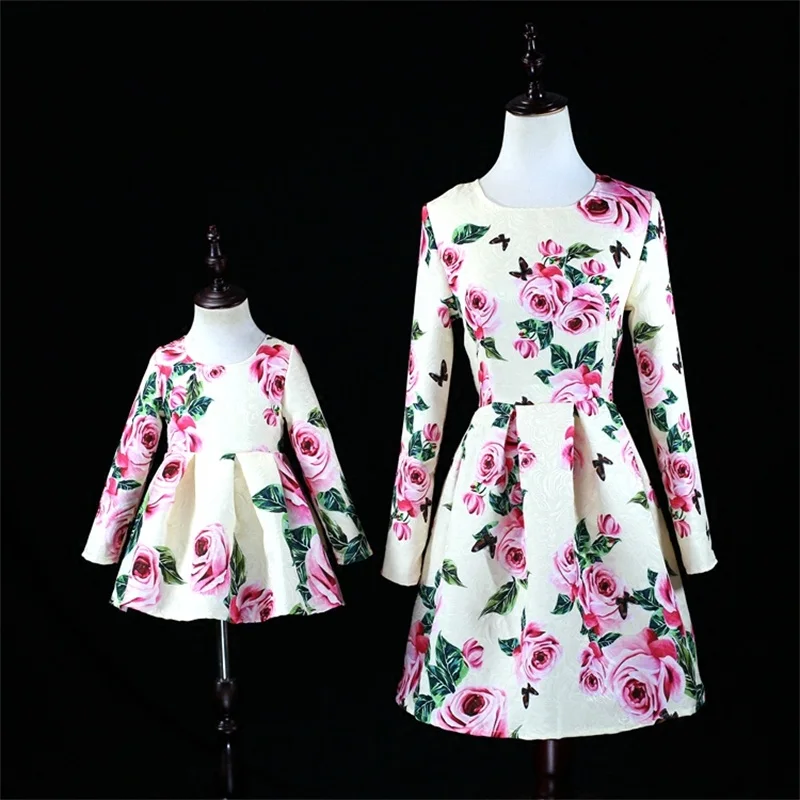 Autumn jacquard rose print Women 3XL baby kids girls 1Y-16Y fashion dress matching mother and daughter dress family look clothes Autumn jacquard rose print Women 3XL baby kids girls 1Y-16Y fashion dress matching mother and daughter dress family look clothes