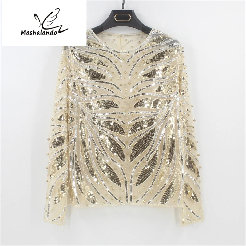 

2019 Sexy Sequin O-Neck Beading Embroidery Leaf Lace Mesh Long Sleeve Shirt Top Vintage See-Through Women Party Blouse Tunic