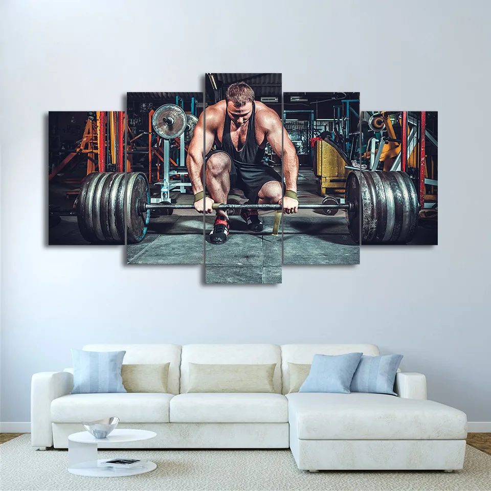 

Canvas Poster HD Printed Wall Art Pictures Modular Frame 5 Pieces Weightlifting Fitness Equipment Painting Gym Room Decor PENGDA