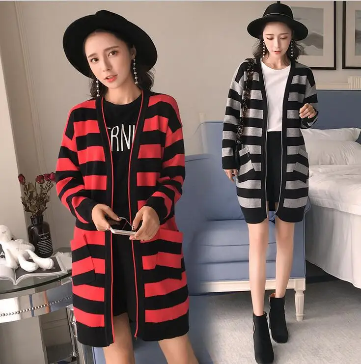 Pregnant women striped knitted jacket 2017 autumn new large size large long-sleeved sweater long paragraph sweater shirt Pregnant women striped knitted jacket 2017 autumn new large size large long-sleeved sweater long paragraph sweater shirt