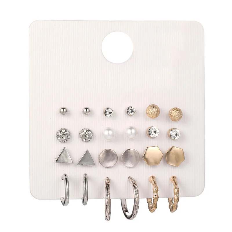 

12Pairs/Sets Mixed Color Geometric Stud Earrings Set For Women Jewelry Pearl Round Triangle Circle Earrings Sets brincos Bijoux