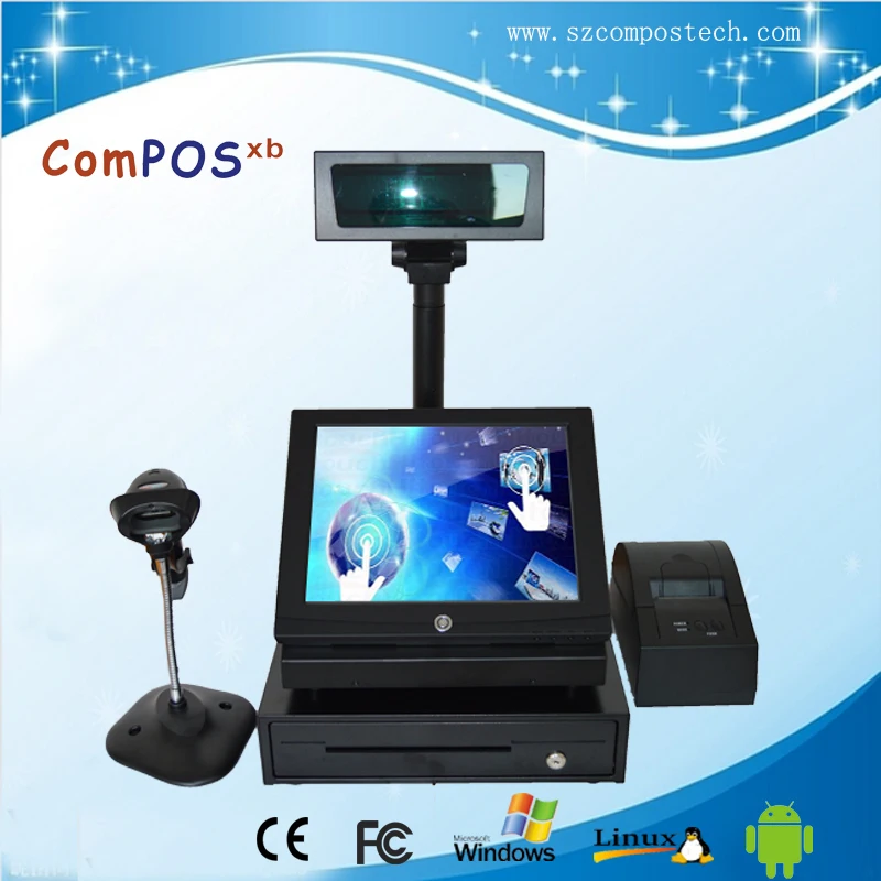 

free shipping factory all in one pos pc with barcode scanner 58mm thermal printer 330mm cash drawer VFD customer display