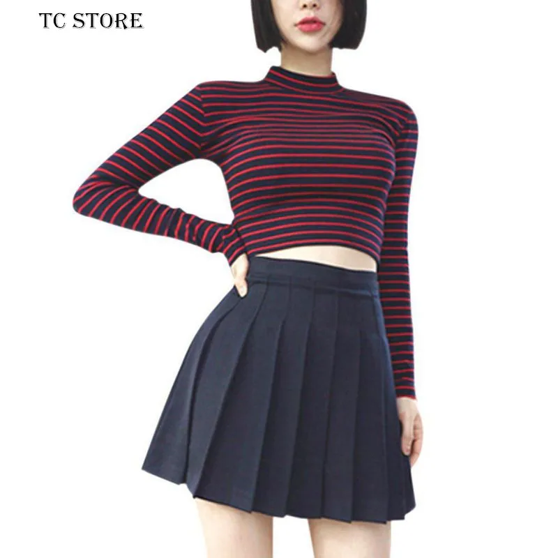 

Sexy Chic Women's Slim Striped Style T-shirt Short Red Top Casual High Collar Long Sleeve Shirt