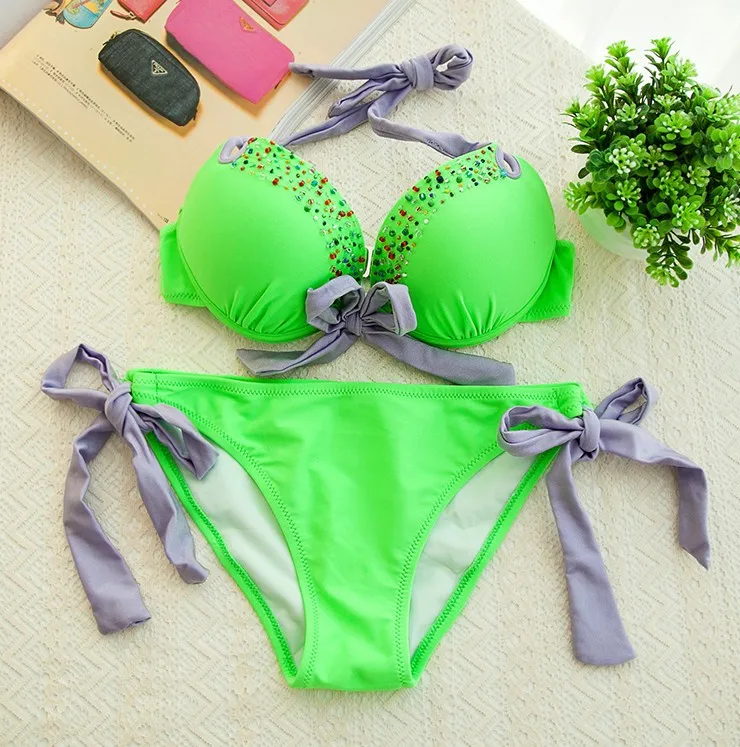 Green Halter Top Bikini Set V Secret Swimwear Women Tribal Sides