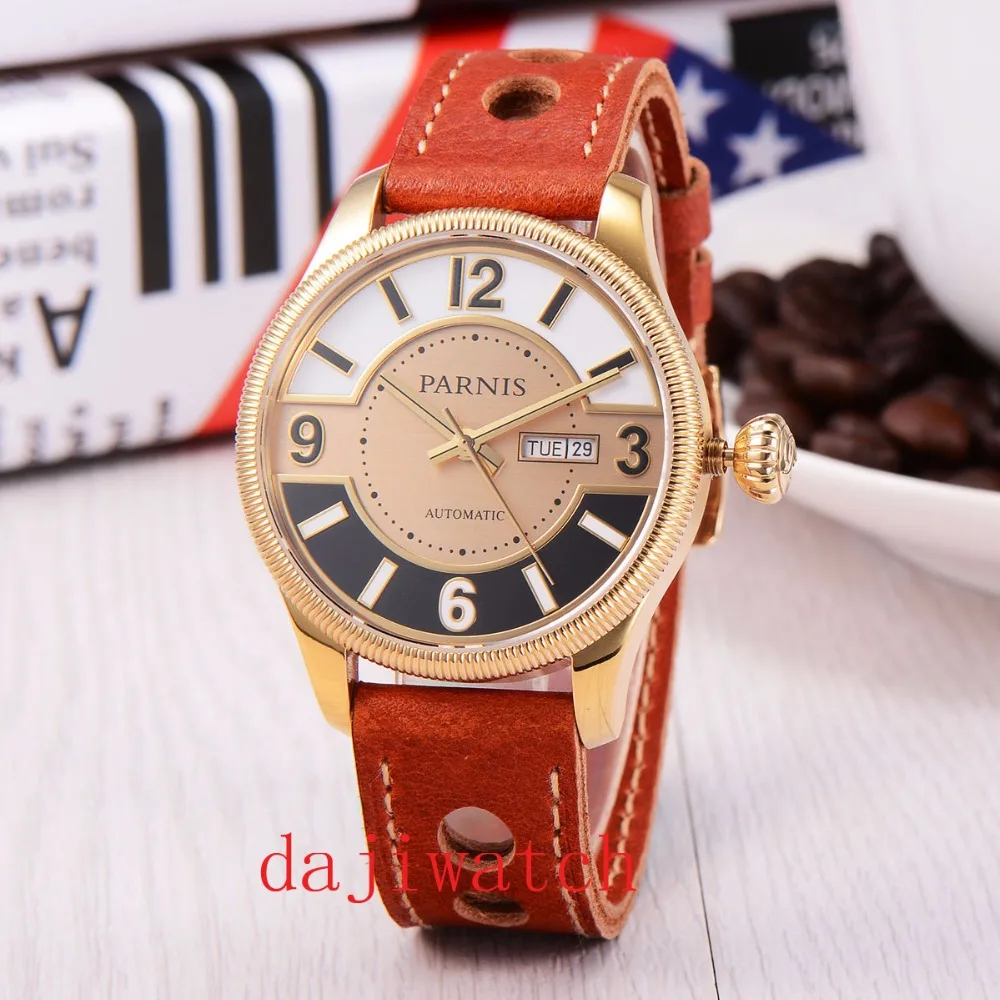 Parnis 43mm luxury black dial date display sapphire glass golden case MIYOTA Automatic mens watch