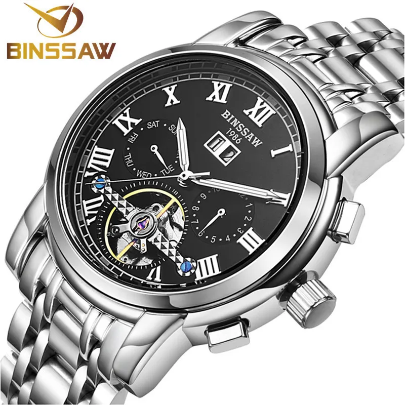 

BINSSAW 2017 Men watches Automatic mechanical tourbillon Casual business wristwatch relojes brand Luxury stainless steel watch