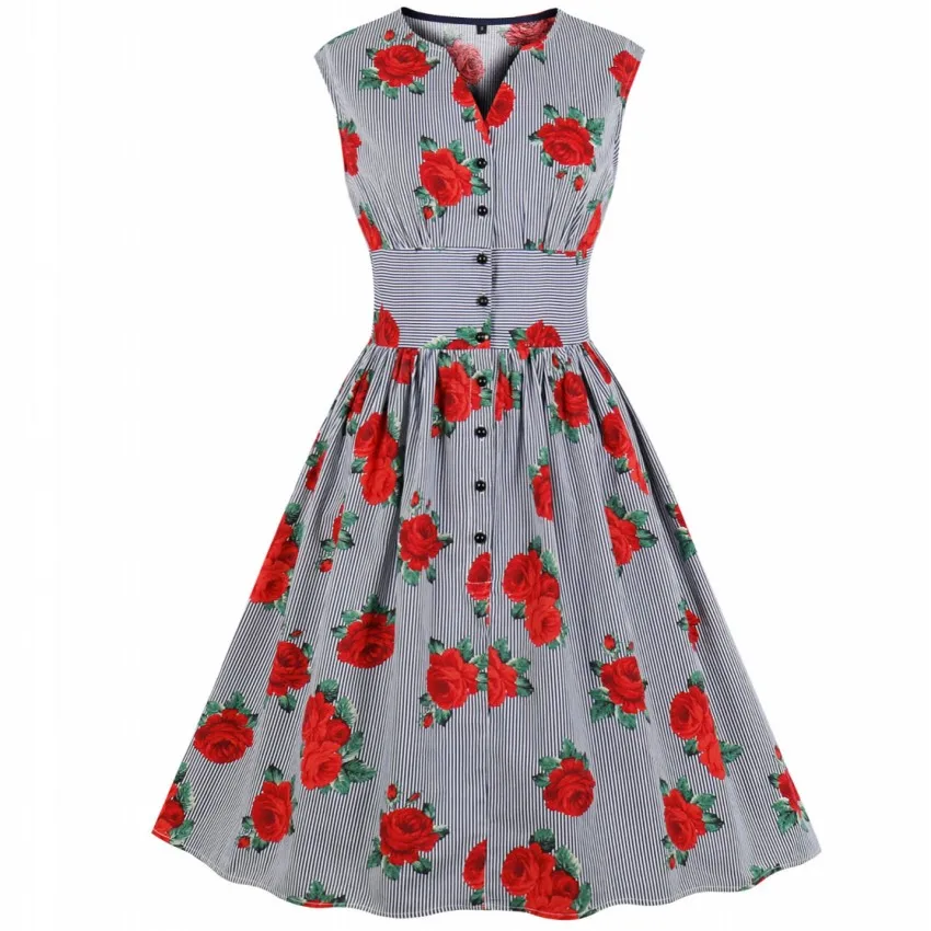 

S-4XL Plus Size Elegant Floral Striped Print Single Breasted Sleeveless Casual Dress Thin Fabric for Summer Women V-Neck Dresses