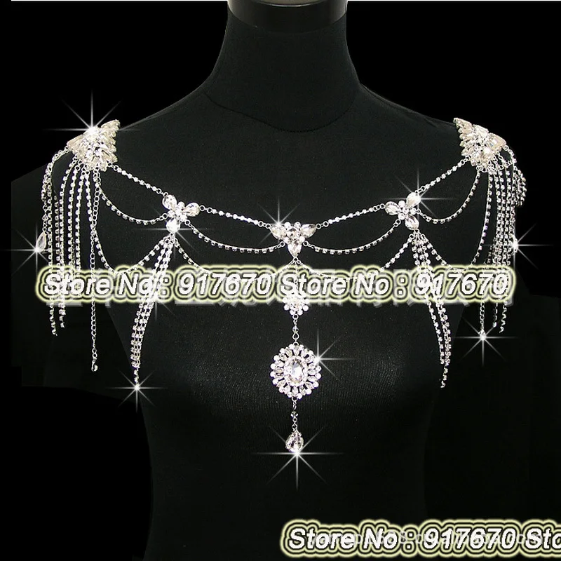 Luxury bridal rhinestone shoulder applique Jackets, Fashion crystal beaded trim chain Jewellry
