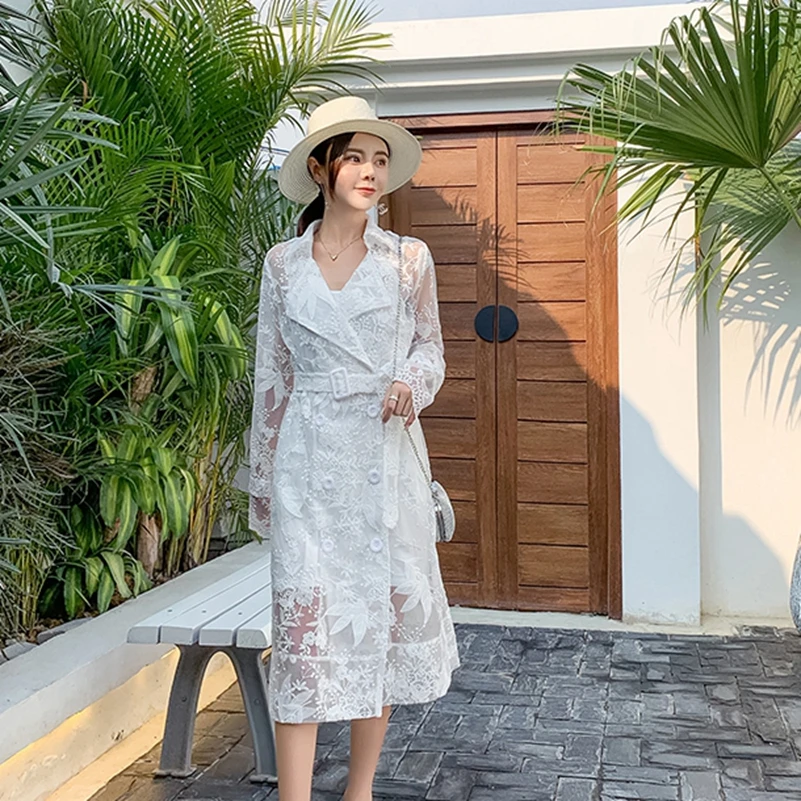 

2019 fashion New sling + Lace Heavy Work Embroidered Long Sleeve Cardigan Dress Two-Piece Set free shipping