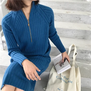 

Fall 2019 Blue Black Half High Collar Zipper Overknee Sweater Dress Knitted Long Loose Sweater