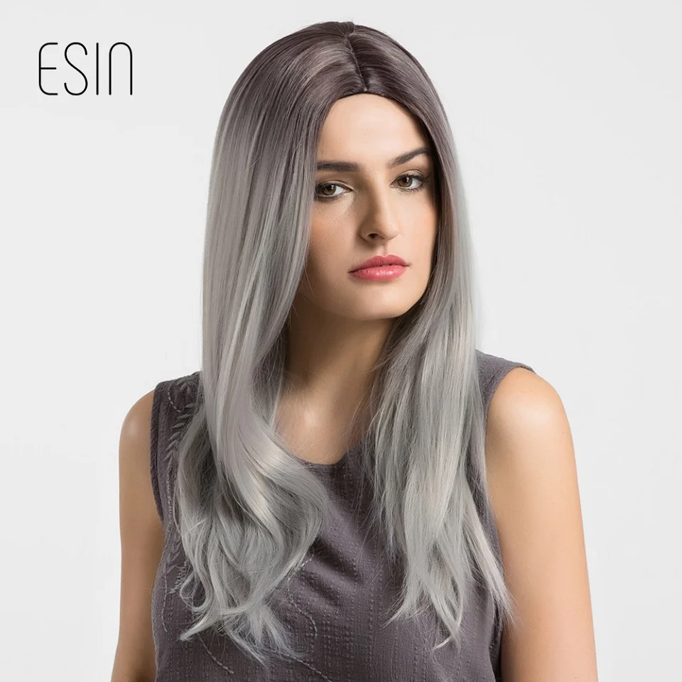 ESIN Искусственный серый парик с темными корнями Длинные прямые волосы Модное Омбре стального цвета тренд сезона Женские парики косплей