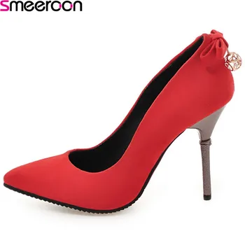 

Smeeroon 2018 new style fashion extreme high heels thin heels pointed toe pumps slip on with buttrefly knot party women shoes