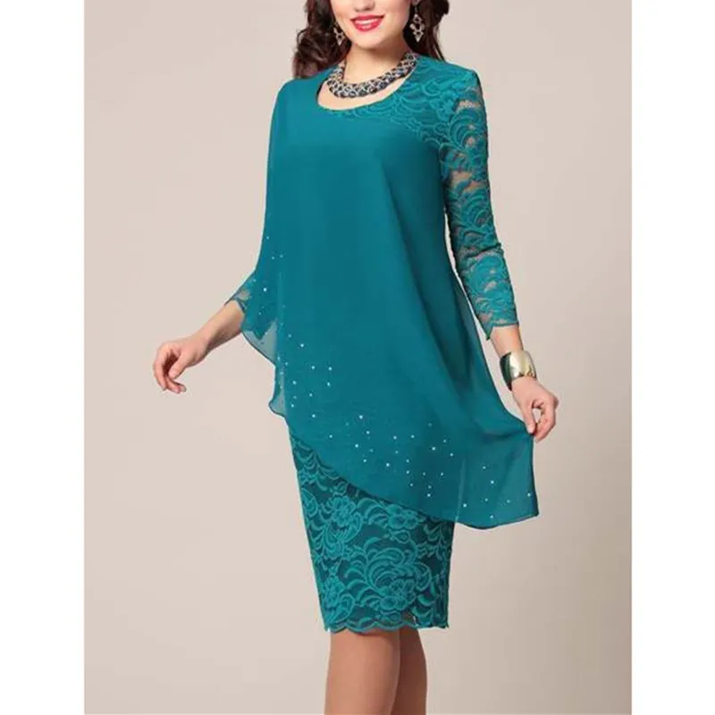 

Large Size Dress Solid Color Lace Dress Elegant 3/4 Sleeve Slim Plus Size Dress O-Neck Casual Chiffon Party Dress