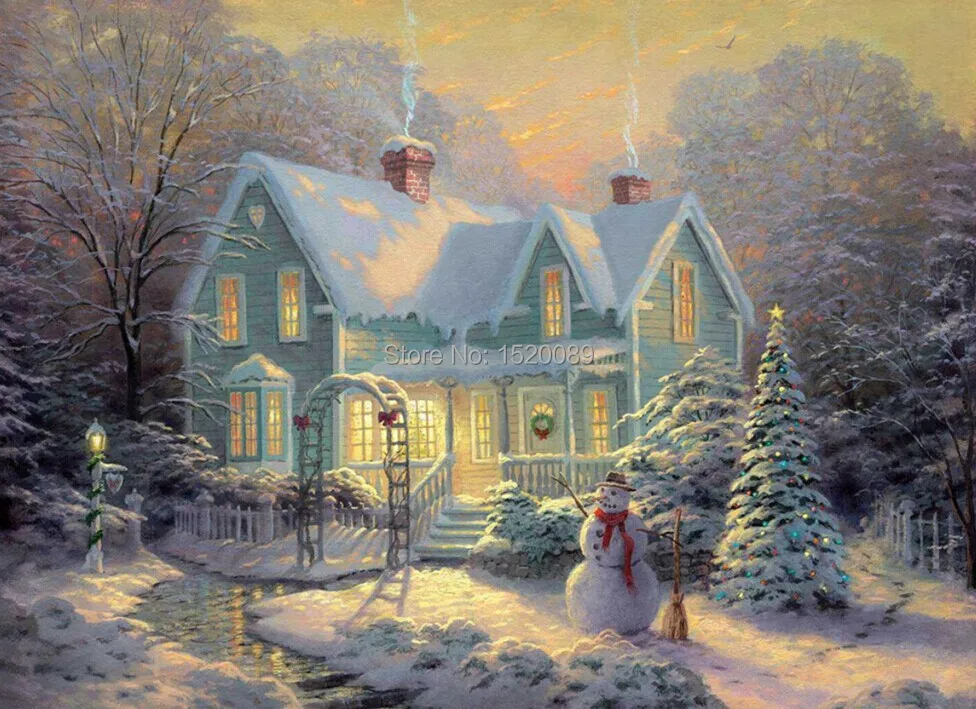 Christmas winter snow house LED lighted up canvas art with