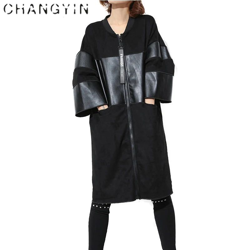 ChangYin Black PU Leather Trench Coat Autumn Winter Female