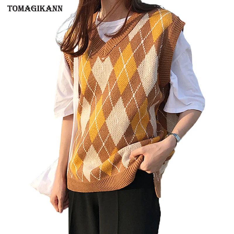 

Preppy Style Argyle Contrast Colors V Neck Knitted Vests Women Casual Sleeveless Sweater and Pullovers Sweater Waistcoat