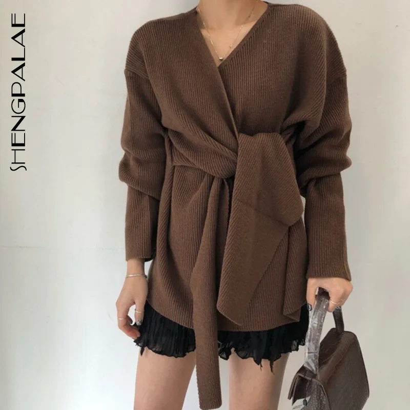 

SHENGPALAE 2019 New Spring Summer V Collar Knitting Tops Long Sleeve Personality Waist Tie Korean Fashion Women Sweater FL392