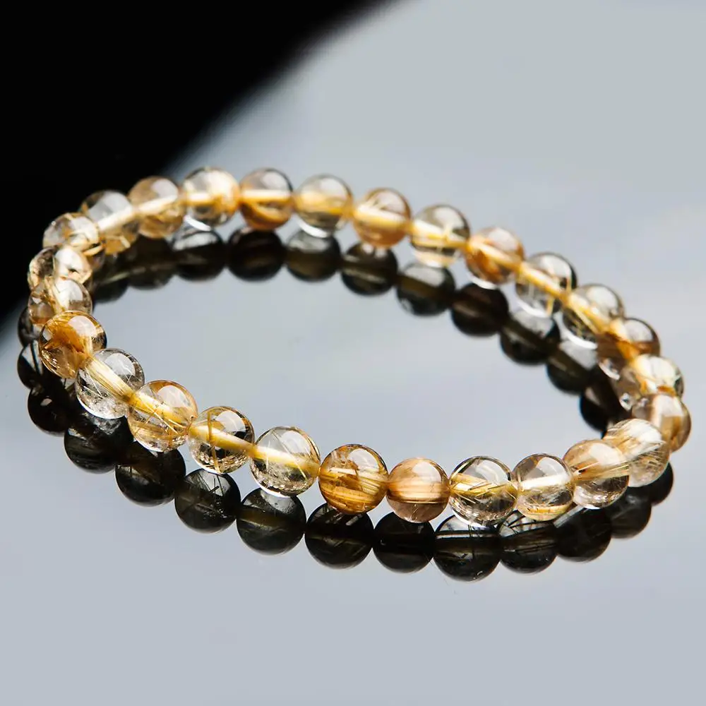 

From Brazil Natural Gold Rutilated Quartz Crystal Titanium Woman Man Wealthy Round Beads Bracelet 7mm Jewelry Bangle AAAA