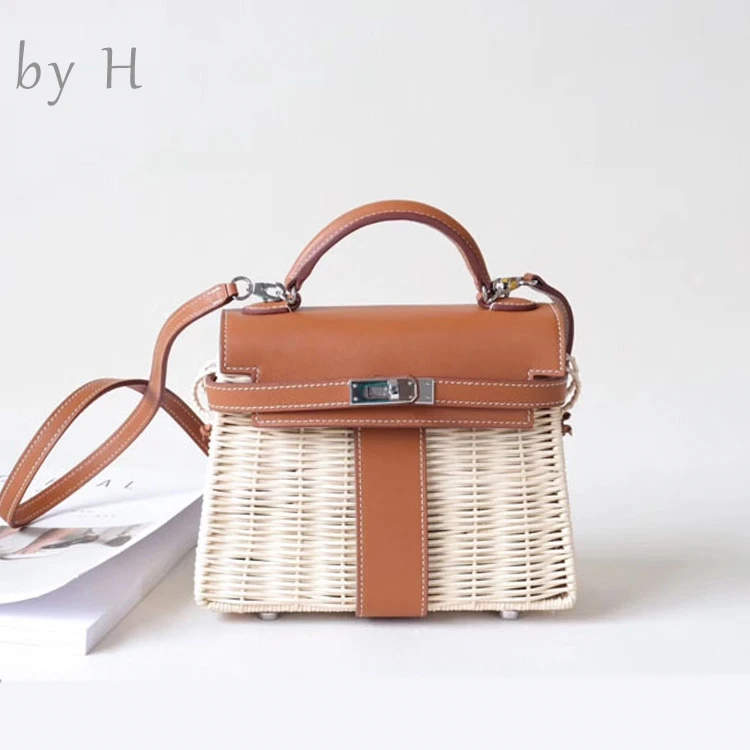 

by H 2019 new arrival handcarf picnic box genuine leather top handle woven cross body bag Rattan Bag High Quality Russaingirls
