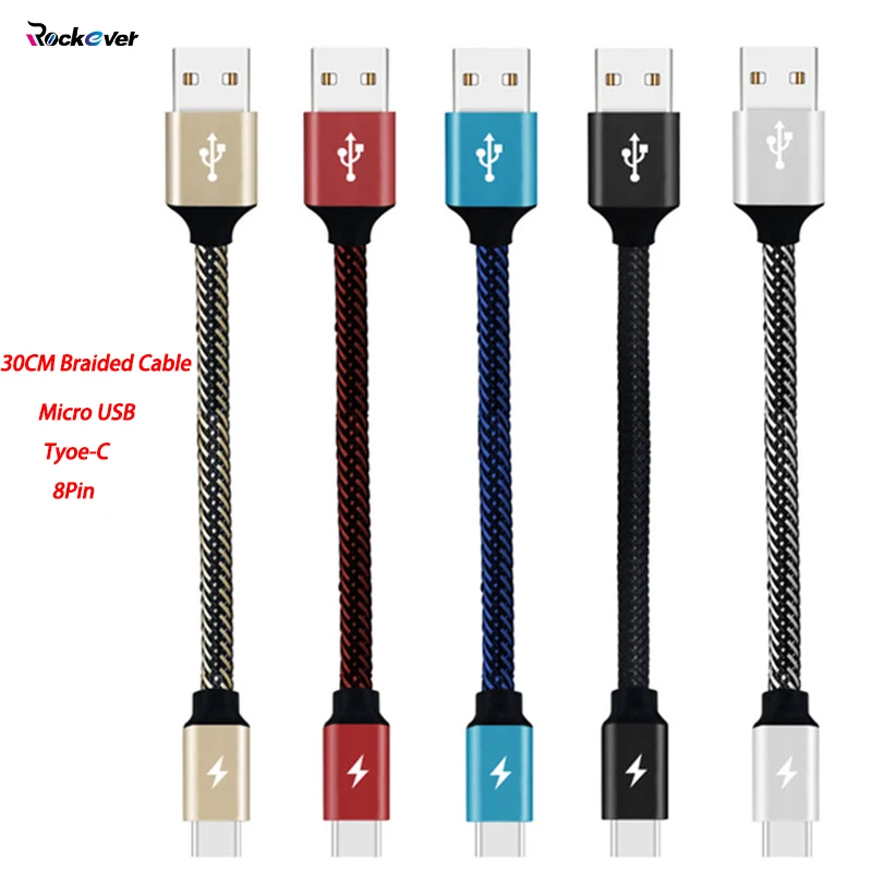 

30CM 3A Fast Charger Cable Micro USB/Type C Braided Power Bank Cable For Iphone Samsung Galaxy S8 S9 Plus Redmi Note 4 5 4X Plus
