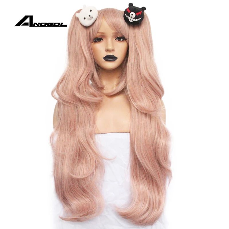 Ceny ANOGOL Anime junko enoshima dangan ronpa jasnoróżowe długie faliste peruki syntetyczne cosplay Ponytails czarny biały niedźwiedź klipy kostium