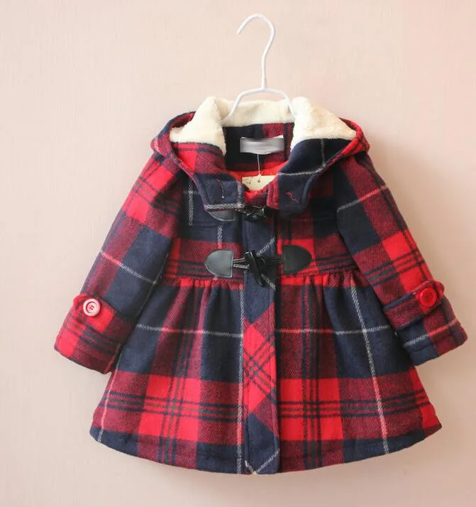 

Y30886494 Retail 2016 New Winter Girl Wool Plaid Fleece Girl Coat Hooded Worm Fashion Girl Outerwear Gilr Clothing Lolita