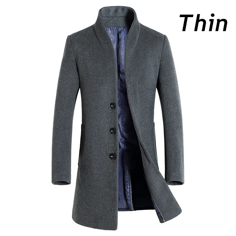 Новинка, зимнее теплое шерстяное длинное пальто, мужское приталенное повседневное толстое пальто, Мужская теплая ветровка, Тренч, стоячий воротник, пальто, куртки - Цвет: Gray Thin