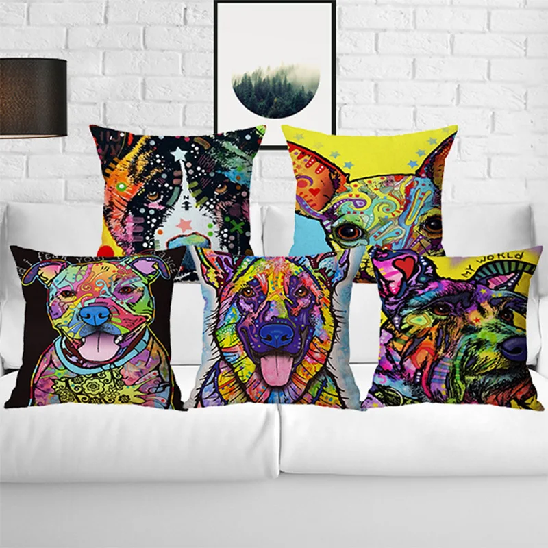 

Fashionable Colorful Dog Head Painting Pillow Case Chair Waist Square 45x45cm Cotton Linen Pillow Cover Home Textile Living