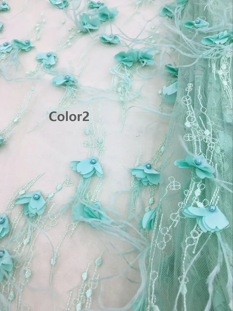 Модная 3D кружевная ткань с перьями ручной работы, кружевная ткань для высокого качества, дизайнерское платье, 2 цвета, 3D Цветочная кружевная ткань для платья