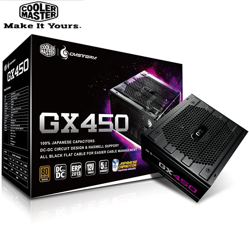 برودة ماستر GX450 تصنيفا 450 W وحدة إمداد الطاقة للكمبيوتر 12 سنتيمتر مروحة 12 V ل عبة مكتب PC PSU اليابانية مكثف 450 واط برونز 80 زائد