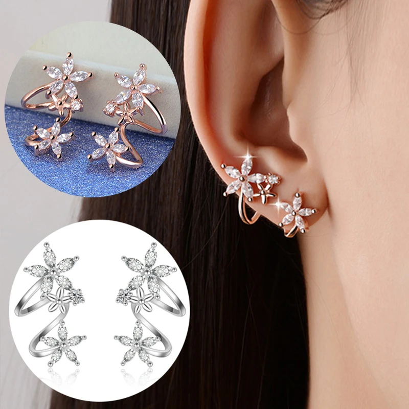 

Sweet Zircon Flowers 925 Sterling Silver Earrings Flower Arc Ear Clip Earings Simple Fashion Jewelr
