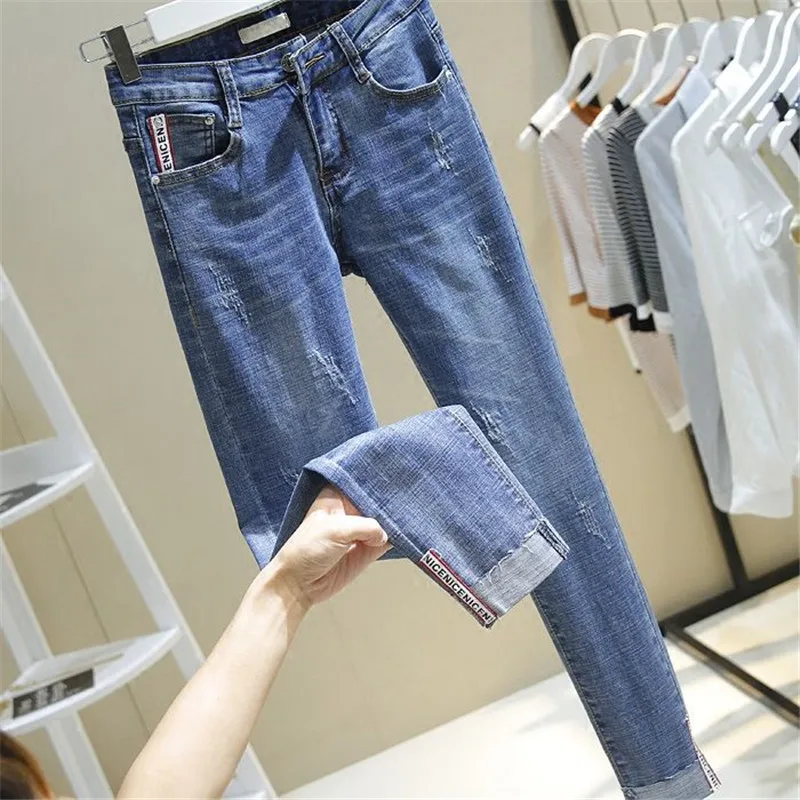 Мама плюс размер мыть тощий рваные джинсы для женщин стрейч Push Up джинсы тонкий высокая талия карандаш брюки корейский Повседневный уличная - Цвет: Blue