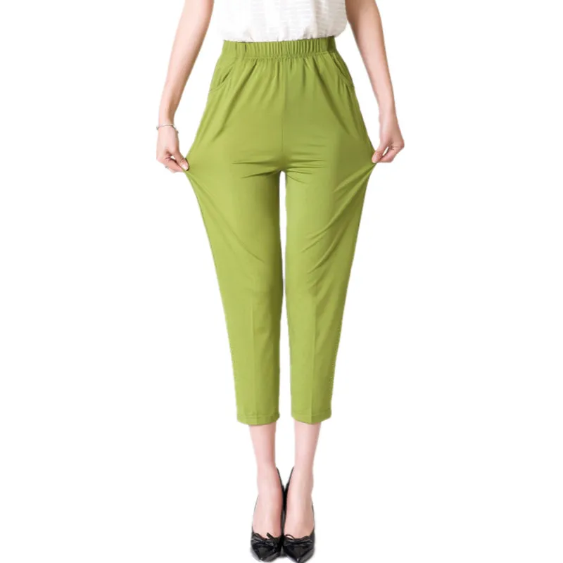 Middle-aged and Older Aged Women Summer Calf-Length Pants Mother Milk Silk Capris Rhinestone No Elasticity Casual Trousers