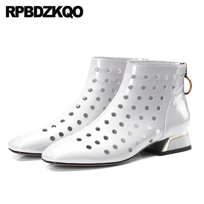 

Chunky Sandals Luxury Designer Big Size Cut Out Women Ankle Boots Medium Heel Brand Square Toe Patent Leather Genuine Shoes 2018