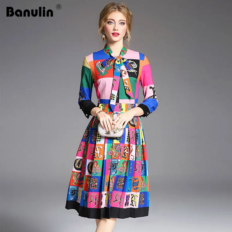 Banulin, осенние женские плиссированные платья, подиум,, высокое качество, длинный рукав, цветочный принт, элегантное платье миди, Vestido Robe Femme