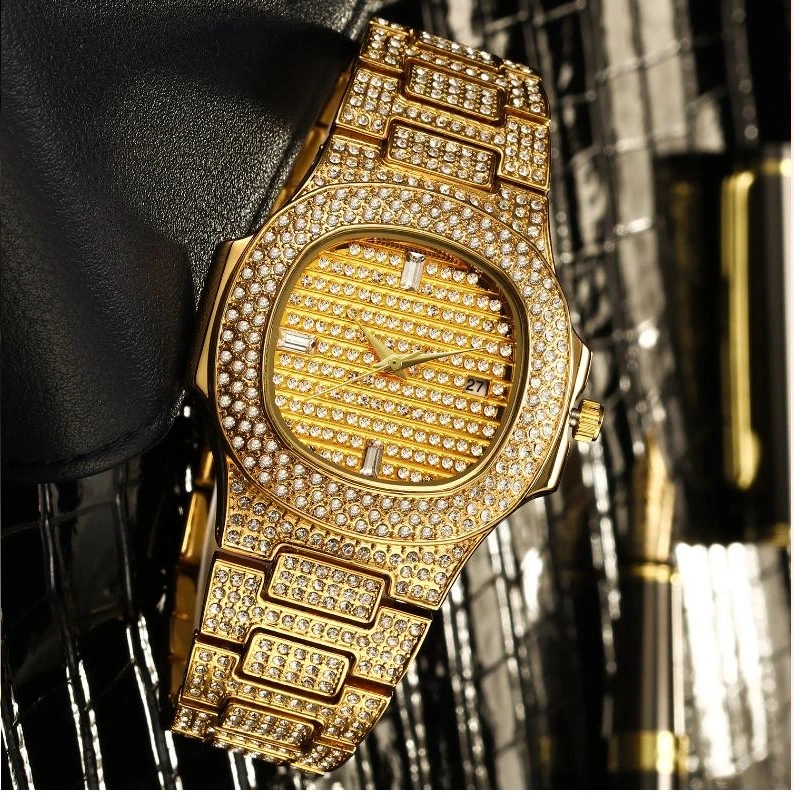 

Bling Diamond Watch For Men Gold Stainless Steel Band Men's Business Quartz Watches Man Waterproof Relogio Masculino women watch