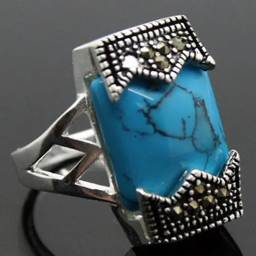 

Vintage Style 8mmX16mm Blue Turquoises Marcasite 925 Sterling Silver Ring Sz 7-10