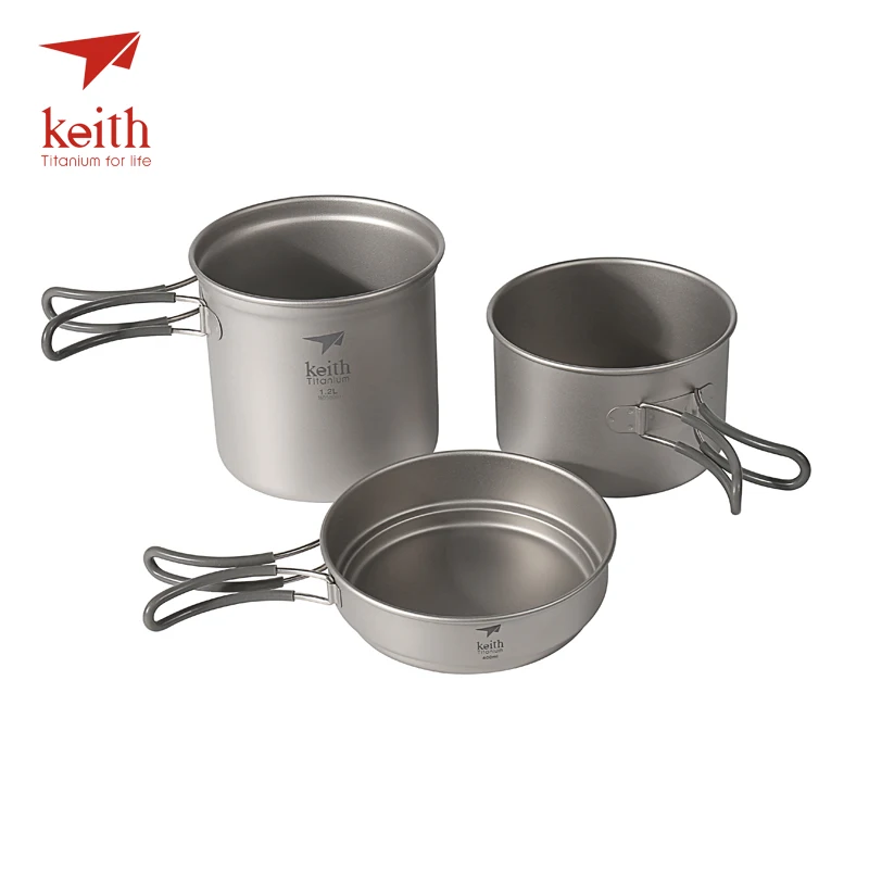 

Keith Titanium Pot Set Pan Bowl With Folding Handle Cook Camping Hiking Picnic Cookware Utensils